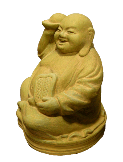 Buddha of Joy & Abundance with fan and gold outdoor statue for sale