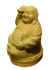 Buddha of Joy & Abundance with fan and gold outdoor statue for sale